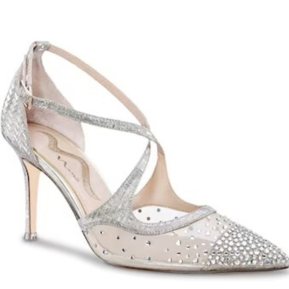 Silver bridal shoes, rhinestones & stiletto heel, Nina New York size 8M
